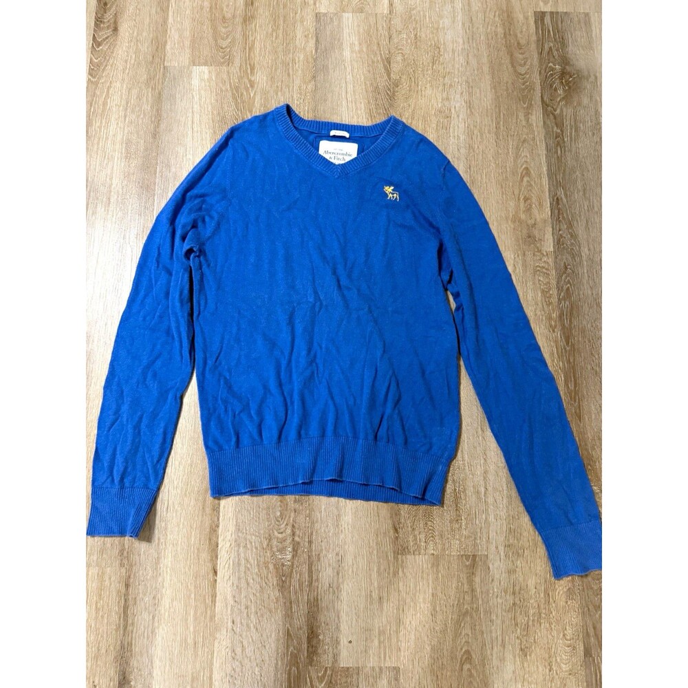 Y2K Abercrombie & Fitch Blue V-Neck Knit Cotton Moose Logo Sweater Men’s XL